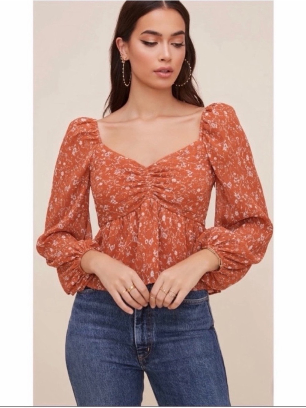 Astr Rust Floral Smocked Square-Neck Peplum Blouse,coquette,boho, prairie‎ girly